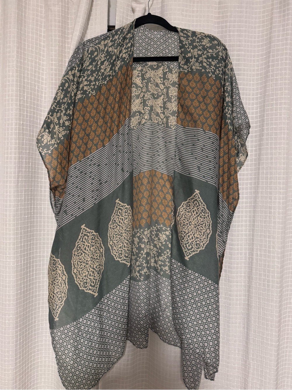 Boho Patchwork Kimono Duster in Sage and Mustard